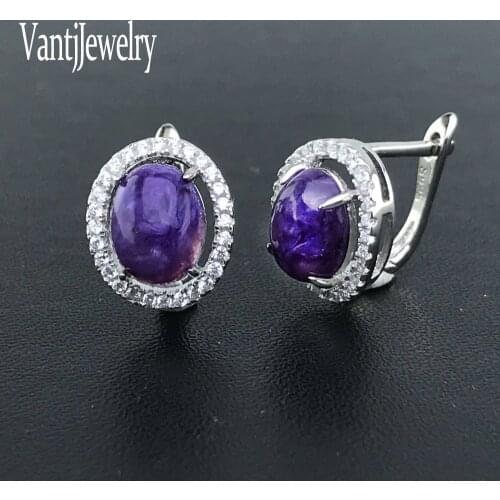 Natural Charoite Earrings Sterling 925 Silver Gemstone Oval 7*9mm Fine Jewelry for Woman Lady Wedding Party Birthday Gift Box