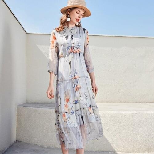 Grey chiffon silk floral maxi dress women femme 2020 summer long work boho beach office sexy party luxury dresses plus size