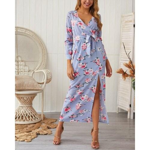 2021 cross-border spring new sexy v-neck split printed skirt dress dress