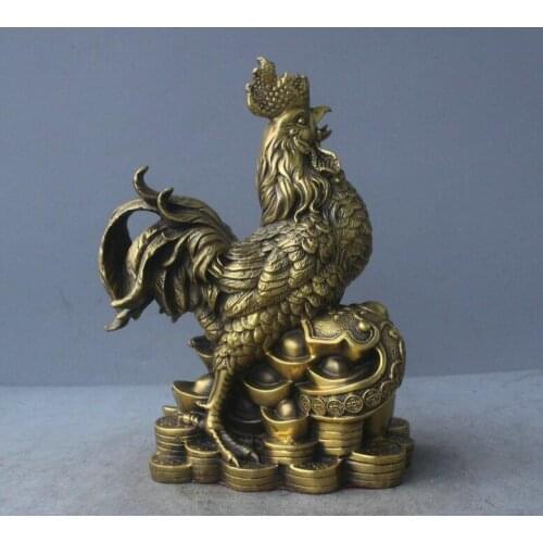 12" China Feng shui Zodiac Chicken Rooster Yuan bao Statue