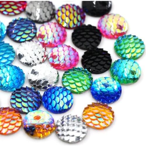 50Pcs Resin Crystal AB Rhinestones 12MM Round Flatback Cabochons Rhinestone Non Hotfix Fish Scales Stone For Clothes, Necklace