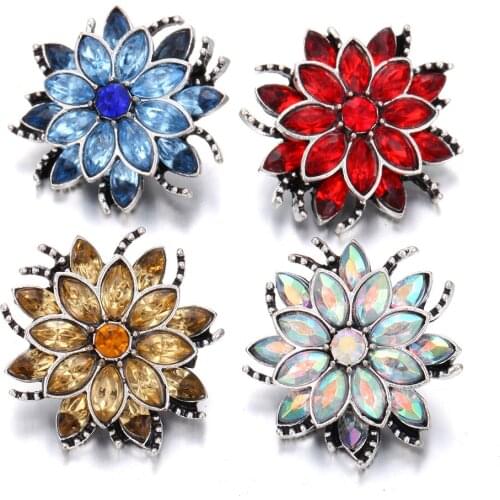 6pcs/lot Snap Button Jewelry 18mm Flower Snap Buttons Rhinestone Metal Snaps Buttons Fit Leather Snap Bracelet Necklace
