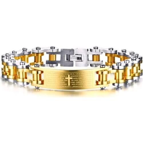 Stainless Steel Cross Scripture Bicycle Chain Bracelet for Men Fashion Gold Color Jewelry