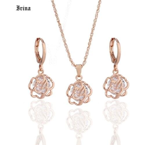 Irina Fashion Design Jewelry Sets Cubic Zircon Hypoallergenic Rose Gold color Necklace/ Earrings Wedding Jewelry Sets for Women