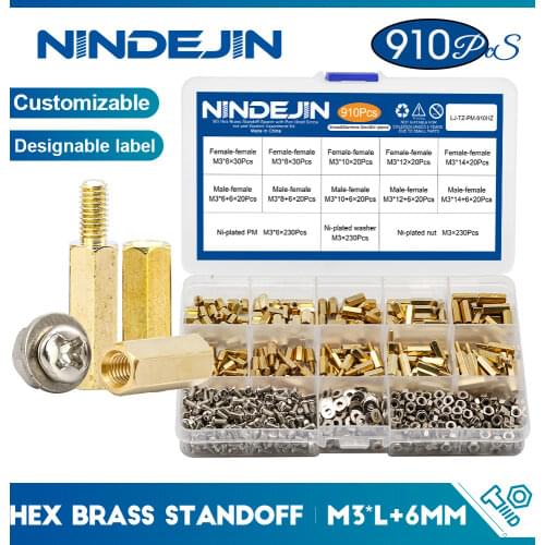 910pcs/set M3 Male Female Hex Brass Standoff Spacer with Pan Head Screw Nut and Washer Assortment Kit pcb motherboard standoff