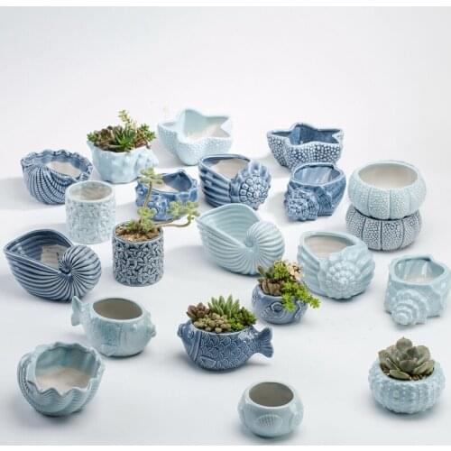 European Style Cute Fleshy Flowerpot Pocelain Blue Fish Flower Vase Home Garden Mini Bonsai Cactus Flower Pot For Home Decor