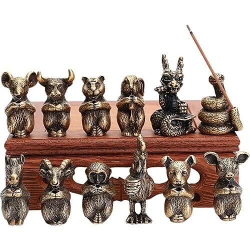 Mini Cute Brass Chinese Zodiac Animal Statue Decoration Ornament Sculpture Incense Holder Home Office Desk Decor Funny Toy Gift