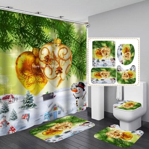 Fashion Golden Christmas Bell Printing Shower Curtain 3D Digital Printing Shower Curtain Bath Mat Toilet Seat 4-piece Set