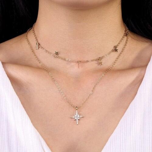 Fashion Bohemia Multilayer Simple Double Layer Necklace Five Pointed Star Pendant Eight Pointed Star Handmade Womens Neck Chain