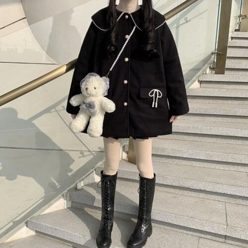 Winter New 2020 Sweet Kawaii Preppy Style Lovely Loose Pocket Full Sleeve Ladies Coats Doll Collar Bow Coat Women Jacket