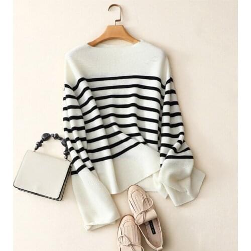 Autumn winter new loose striped pullovers womens long sleeve casual fashion knittwear knitted 100% cashmere sweater jumper