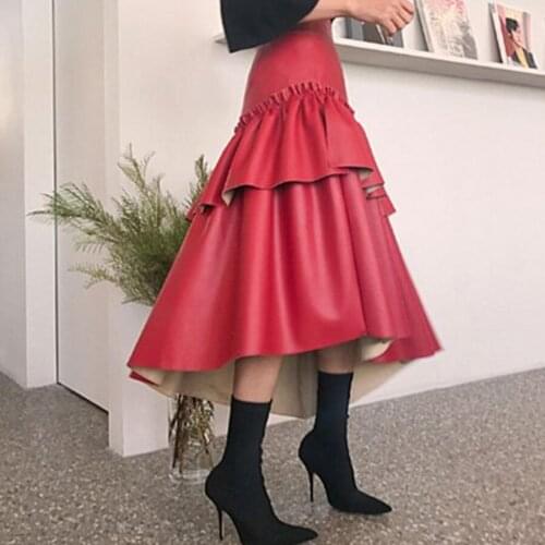 Autumn winter new fashion irregular PU skirt women high waist slim a-line skirt