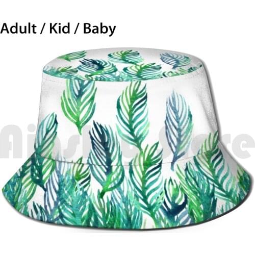 Jungle Rising Bucket Hat Adult kid baby Beach Sun Hats Watercolor Leaves Nature Pattern White Green Emerald Jade Green And