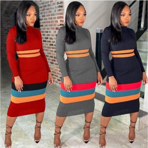 Cutubly Long Sleeve Midi Dresses Fashion Autumn O-Neck Patchwork Color Sexy T-Shirt Dresses For Women Slim Club Dresses