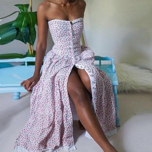 Floral Print Dress Women Sexy Strapless High Waist Elegant Party Dresses Bandeau Lace Trim Button Maxi Dress Fashion Chic Dress