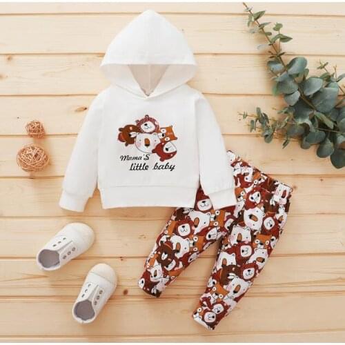 2 Pcs Newborn Casual Outfits, Baby Girls Animal & Letter Print Long Sleeve Hooded Sweater + Trousers