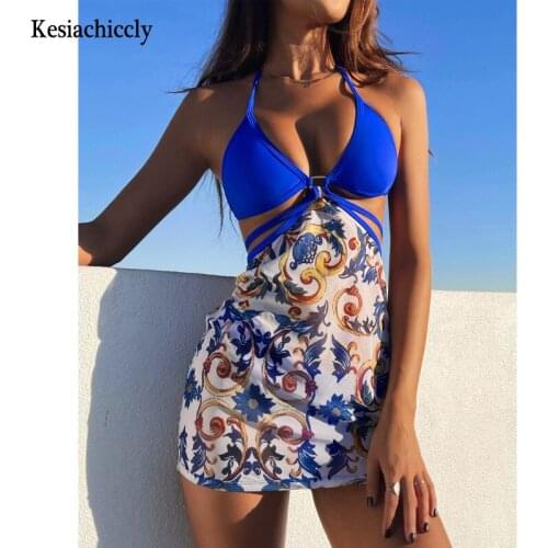 Kesiachiccly Sexy spaghetti strap backless lace up dress Elegant floral print high waist short dress Holiday beach dress new