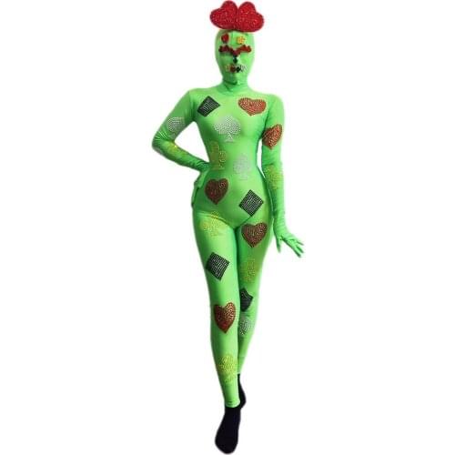 Sexy Skinny Stage Rhinestone Jumpsuit Headgear Women Halloween Clown Adult Cosplay Costume Club Dancer Bodysuit Performance Wear