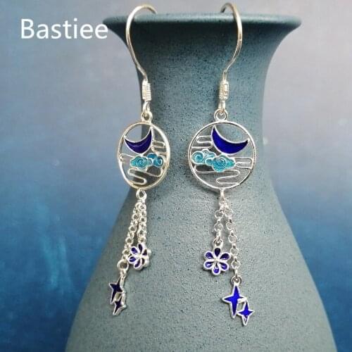 Bastiee Cloisonne Enamel Miao 999 Sterling Silver Earrings For Women Moon Star Cloud Earing Blue Luxury Jewelry Handmade Vintage