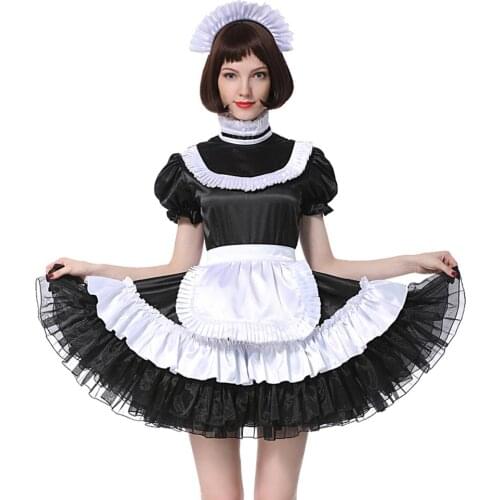 Sissy Girl Maid Lockable Black Satin Dress Costume Crossdress Pleated Style Cosplay Costume