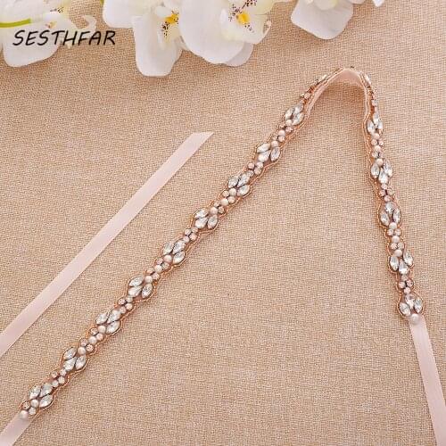 Pearls Wedding Belt Rhinestones Bridal Belt Rose Gold Crystal Wedding Sash Belt For Bridal Bridesmaid Gown J132RG