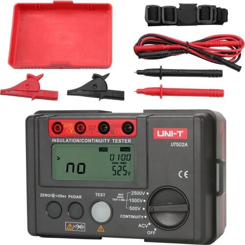 UNI-T UT502A Probador de resistencia de aislamiento Megaohmímetro Voltaje Multímetro DC 500V 1000V 2500V AC 30V-600V Rojo con gr