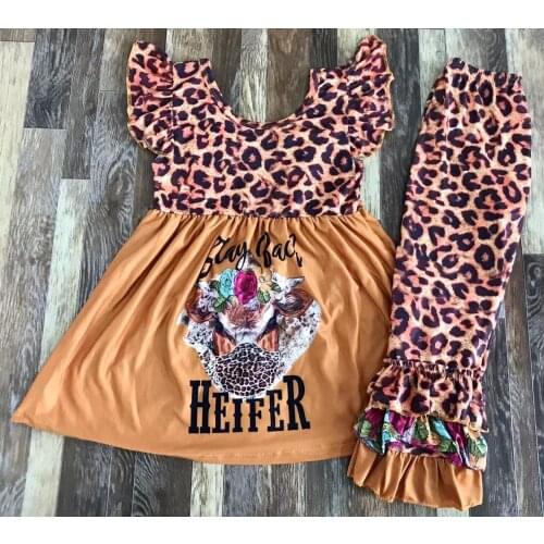 Spring Summer Girls Clothing Outfit Pink Round-necked Cow-head Print Short Sleeve Bell-bottom Trouser Set