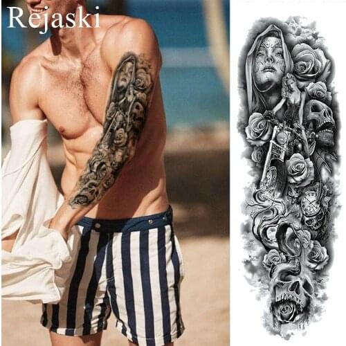 Black Mask Nun Rose Temporary Tattoo Stickers Men Full Arm Art Fake Tattoo Women Makeup Shoulder Waterproof Tatoos Demon Paste
