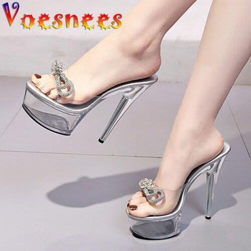 Voesnees Women Slipper PVC Sexy Diamond Bow Platform Sandals 2021 New Transparent Crystal Super Model Show High-Heeled Shoes