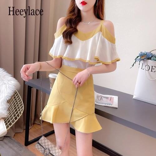 Women 2 Piece Sets Summer 2021 New Short Strapless Ruffle Shirt + Mermaid Skirt Suits Fashion Elegant Female Mini Skirts Sets