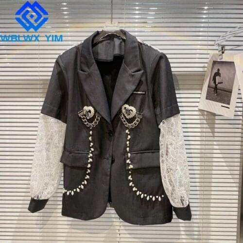 Lace Spliced Blazer Jacket Women Spring Fashion Iron chain Decoration Beaded Suit Jacket Women Loose Sexy Hollow out Blazer Coat