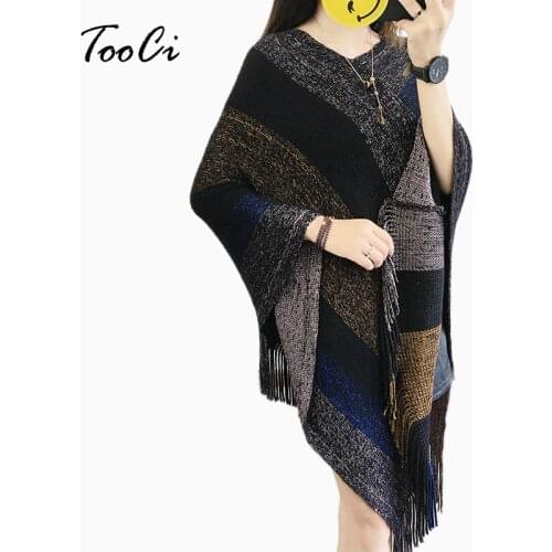 New Spring Women Sweaters And Pullovers Black Tassel Knit Long Bat Sleeve Colorful Cape Shawl Female Two Types To Wear