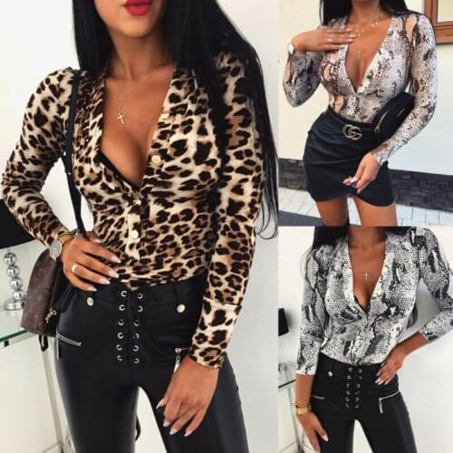 Vintage Silk Rompers Womens Jumpsuit Long Sleeve Leopard Print Top Shirt Ladies Deep V Neck Serpentine Sexy Satin Bodysuits
