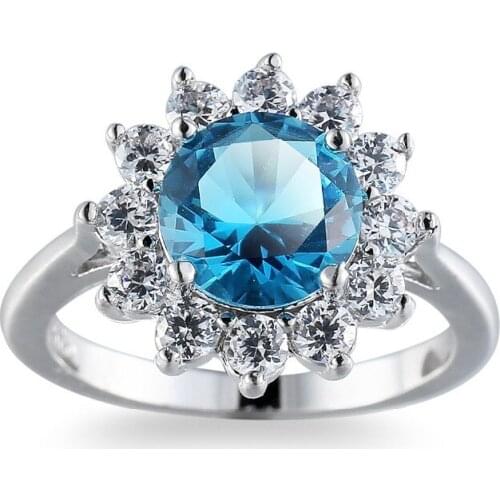 Round Ring Engagement Rings 6 Prongs Setting Cubic blue crystal Zirconia Anel Jewelry For Women Love Bague Anillos Mujer Gift