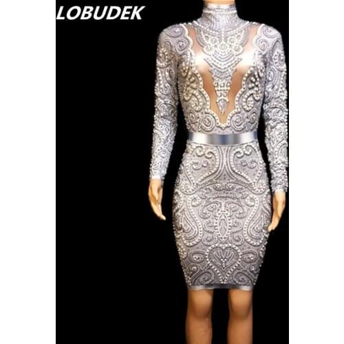 Gold Silver Pearls Rhinestones Elastic Wrapped Hip Short Dress Women Party Birthday Evening Performance Costume Skinny Dress