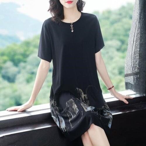 2020 New Summer Middle Aaged Women Korea Fashion Flower Print Dress Female Short Sleeve Black O Neck Dresses Vestitos W124