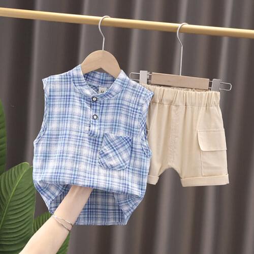 2021 New Summer Children Boys Girls Infant Cotton Clothes Vest Plaid Shorts 2pcs/Sets Toddler Fashion Clothing Baby Tracksuits