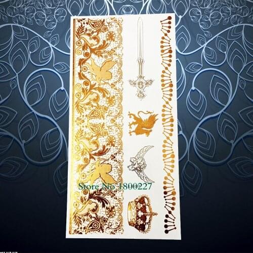 1PC Glitter Women Henna Bracelet Tattoo Lace Armlet PL19 Gold Crown Sword Sphinx Cupid Design Waterproof Tempoary Tattoo Sticker