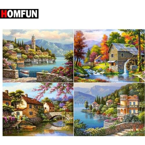 HOMFUN 5D Diamond Painting Full Drill Diamond Embroidery "Forest house lake" Picture Of Rhinestone Handmade Home Decor