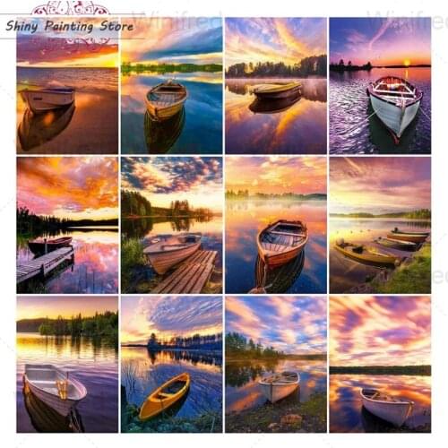 5D DIY Full Drill Diamond Painting Sunset Lake Boat Scenery Diamond Embroidery Cross Stitch Kit Landscape Picture Of Handicrafts