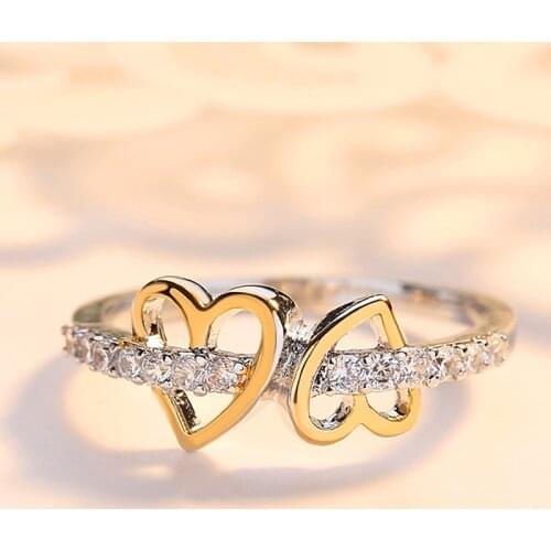 Beiver Fashion Hollow Heart Zircon Gold Engagement Ring for Woman Two-tone Rhinestone Wedding Rings for Women Jewelry Ring
