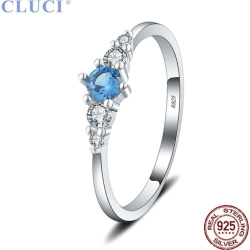 CLUCI 925 Silver Classic Six Claws Blue Wedding Ring for Women Sterling Silver Ring Jewelry DR1052SB