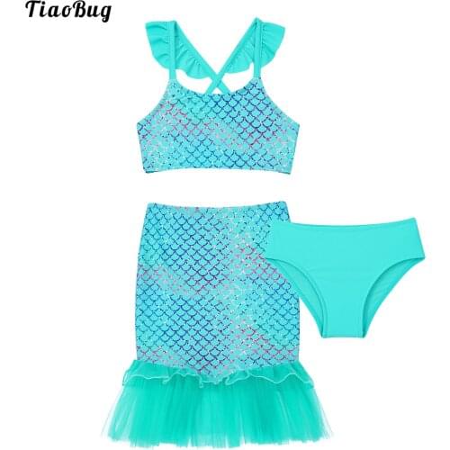 TiaoBug Summer 3Pcs Kid Girl Swimsuit Sleeveless Straps Fish Scales Print Crop Top Ruffle Mesh Skirt Tail With Briefs Swimwear