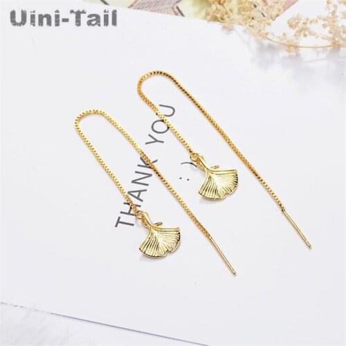 Uini-Tail hot new 925 sterling silver ginkgo leaves long ear line female art show face thin fresh Korean temperament earrings