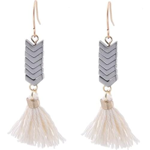 Lureme Vintage Ethnic Grey Geometric Handcrafted White Tassel Drop Dangle Earrings for Women New Statement Jewelry (er005448)
