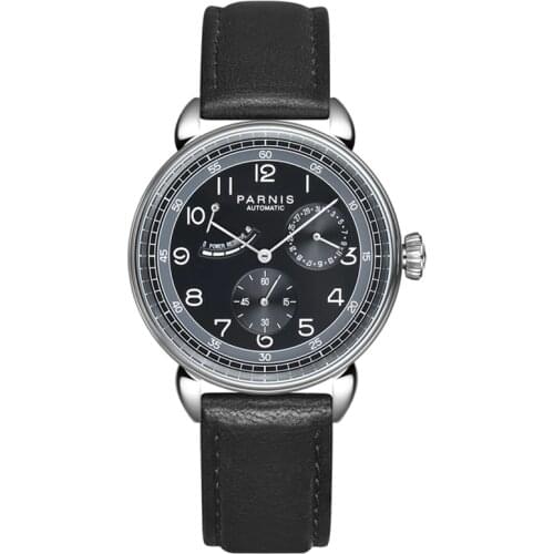 Fashion Parnis 42mm Black Dial Automatic Mechanical Mens Watch Silver Calendar Power Reserve Men Watches erkek kol saati 2020