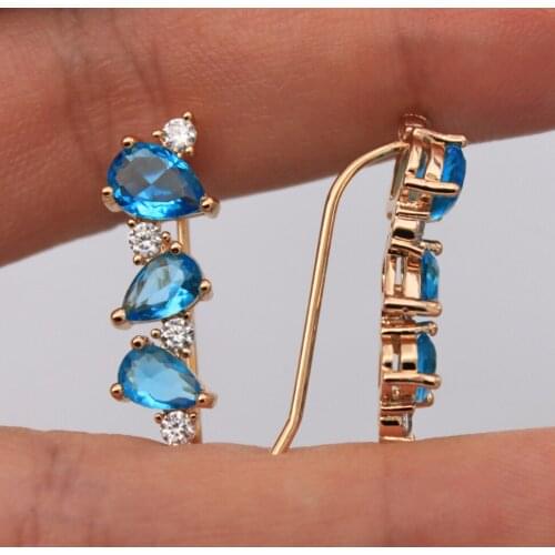Trendy Clip Earrings Blue Cubic Zirconia Gold Plated Coppe Waterdrop Earring For Women Fashion Jewelry Accessories Wedding Gift