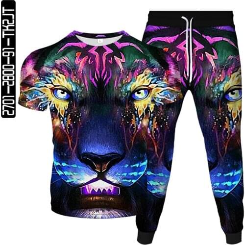 Mens tiger print T-shirt suit mens and womens casual 3D digital creative long-sleeved pants