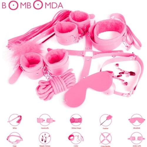 10PCS Set Bondage BDSM Sex Products for Adults Couple Slave Game Whip Handcuffs Nipple Clamps Gag Rope Blindfold Collar Tickler
