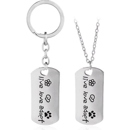 New Rectangular Dog Tag Style Pendant Necklace Cat Dogs " live love adopt " Pet Rescue Paw Tag Jewelry